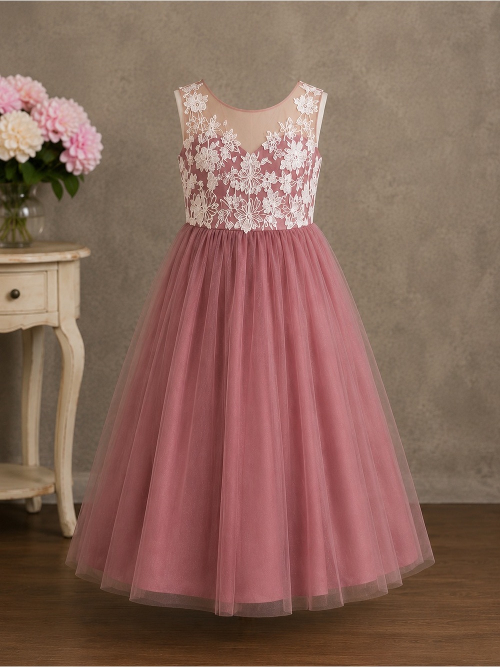 Mauve Tulle & Lace Flower Girl Formal Dress